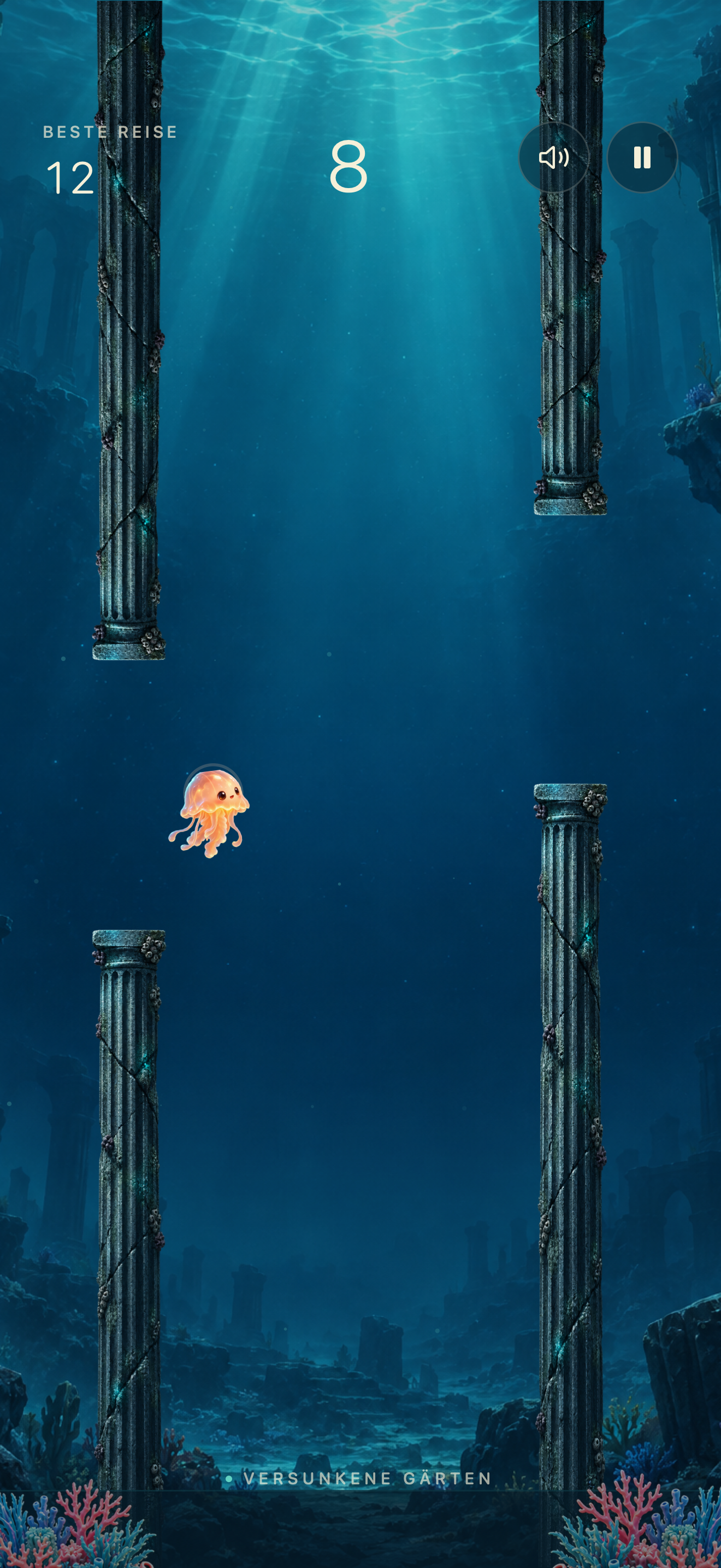 LUMA-Spiel: Luma schwebt zwischen zwei Unterwassersäulen hindurch.
