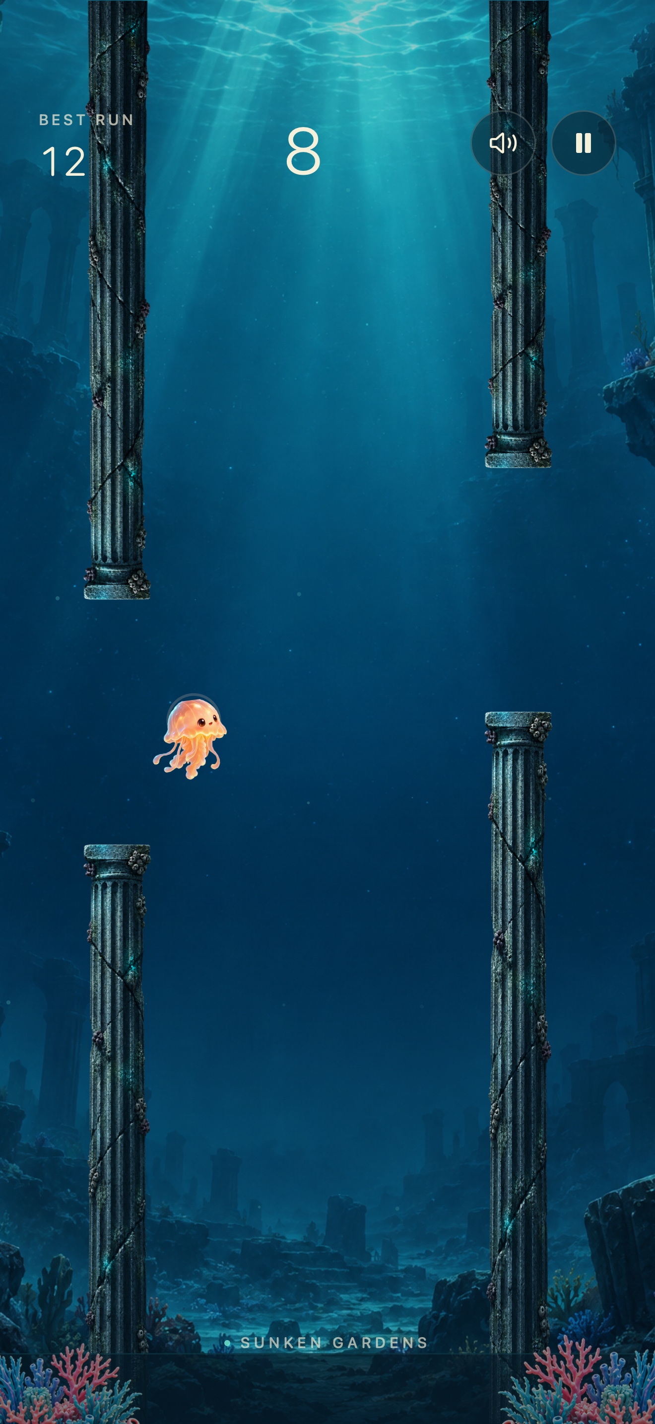 LUMA gameplay: Luma floats through a gap between underwater columns.